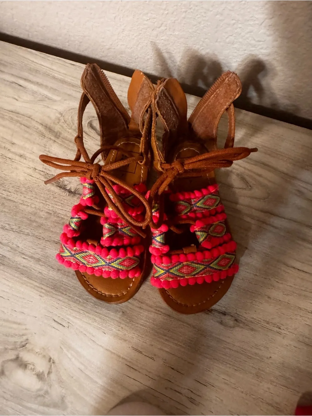 GAP Brown Sandals with Bright Pink Pom-Pom & Multicolor Woven Straps
